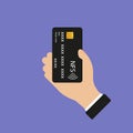 Black credit card in hand, nfc contactless payment for purchases or services. Vector EPS10 Royalty Free Stock Photo