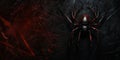 Black Creepy Background with Black Widow Spider, Dark Horror Mockup, Scary Cobweb Pattern