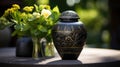 black cremation urn in cemetry with flowers, concept of grief