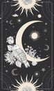 Black crescent, white flowers and a bird. Sun, moon and planets on a black background among the stars.