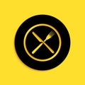 Black Crossed fork and knife on plate icon isolated on yellow background. Restaurant symbol. Long shadow style. Vector