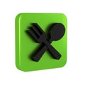 Black Crossed fork and spoon icon isolated on transparent background. Cooking utensil. Cutlery sign. Green square button Royalty Free Stock Photo