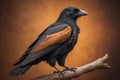 Black crow on a branch on a brown background. generative ai