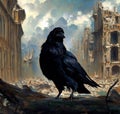 Black crow in city ruins Royalty Free Stock Photo