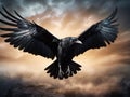 Black crow in flight with spread wings Royalty Free Stock Photo