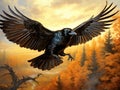 Ai Generated illustration Wildlife Concept of Black crow in flight with spread wings Royalty Free Stock Photo