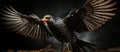 Black crow flying in the dark with wings spread Royalty Free Stock Photo