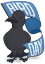 Black Crow Holding a Greeting Flag to Celebrate Bird Day, Vector Illustration