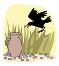 Black crow and a jug Aesops Fables Royalty Free Stock Photo