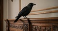 Black Crow Perched on Ornate Wooden Mantlepiece Royalty Free Stock Photo