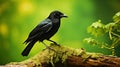 Gothic Crow On Mossy Log: Dark Cyan And Green Photographic Art