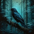 Black bird in a wooded area scenery, perched upon a tree branch. Royalty Free Stock Photo