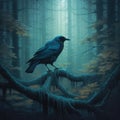 Black bird in a wooded area scenery, perched upon a tree branch. Royalty Free Stock Photo