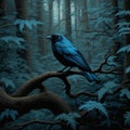 Black bird in a wooded area scenery, perched upon a tree branch. Royalty Free Stock Photo