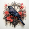 the black crow is sitting among roses and a gold ring