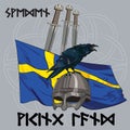 Black crow sitting on a Viking helmet, three swords on the background of the Sweden banner