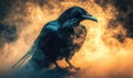 A black crow is standing in front of a cloud of smoke Royalty Free Stock Photo