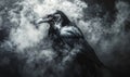 A black crow is standing in front of a cloud of smoke Royalty Free Stock Photo
