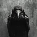 A black crow is standing in front of a dark background. Royalty Free Stock Photo