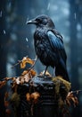 a black crow is standing on top of a headstone on a cemetary