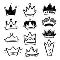 Black crown icon set on white background. Cute crown handdrawn vector illustration. Social media overlay or chat sticker Royalty Free Stock Photo