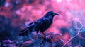 Black crows in misty forest. Fantasy world. Crow and magic atmosphere Royalty Free Stock Photo