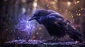 Black crows in misty forest. Fantasy world. Crow and magic atmosphere Royalty Free Stock Photo