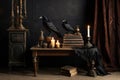 Black crows sitting amongst antique books, burning candles and other things.