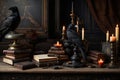 Black crows sitting amongst antique books, candles and other things.
