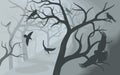 Black crows in a terrible foggy forest. Royalty Free Stock Photo