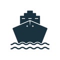 Black Cruise Ship Silhouette Icon. Cargo Boat Pictogram. Ocean Vessel Icon in Front View. Marine Sign for Freight Royalty Free Stock Photo