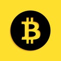 Black Cryptocurrency coin Bitcoin icon isolated on yellow background. Physical bit coin. Digital currency. Blockchain