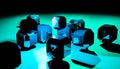 Black cube and blue light background wallpaper high resolution Royalty Free Stock Photo