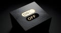 Dark Business Control Concept with Gold Glowing On Off Toggle Switch on Black Cube Royalty Free Stock Photo