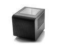 A black cube-shaped computer case isolated on a white background. Royalty Free Stock Photo