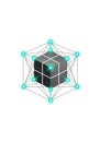A black cube sits at the center of a geometric network design. The Royalty Free Stock Photo