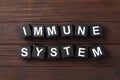 Black cubes with phrase Immune System on wooden table, flat lay