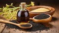 Black Cumin. Glass bottle of black cumin seeds essential oil , Nigella Sativa in spoon on wooden background. Generative AI Royalty Free Stock Photo