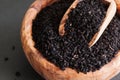 Black cumin or nigella sativa or kalonji seeds in bowl with spoon on black slate background, selective focus