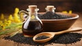 Black Cumin is Organic herbal medicine for many diseases, Nigella Sativa in spoon on wooden background. Generative AI