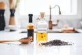 black cumin seed oil in a bottle with black seeds spilled around Royalty Free Stock Photo