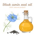 Black cumin seed oil in glass bottle and Nigella sativa flower