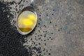 Black cumin seeds essential oil , Nigella Sativa in spoon on heap of black cumin Royalty Free Stock Photo