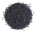 Black cumin seeds isolated on white background. Heap of black nigella seeds. Nigella sativa. Top view. Royalty Free Stock Photo