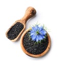 Black cumin seeds with nigella sativa flower Royalty Free Stock Photo