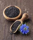 Black cumin seeds with nigella sativa flower Royalty Free Stock Photo