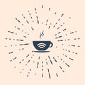 Black Cup of coffee shop with free wifi zone icon isolated on beige background. Internet connection placard. Abstract