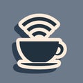 Black Cup of coffee shop with free wifi zone icon isolated on grey background. Internet connection placard. Long shadow Royalty Free Stock Photo