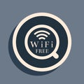 Black Cup of coffee shop with free wifi zone icon isolated on grey background. Internet connection placard. Long shadow Royalty Free Stock Photo