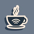 Black Cup of coffee shop with free wifi zone icon isolated on grey background. Internet connection placard. Long shadow Royalty Free Stock Photo